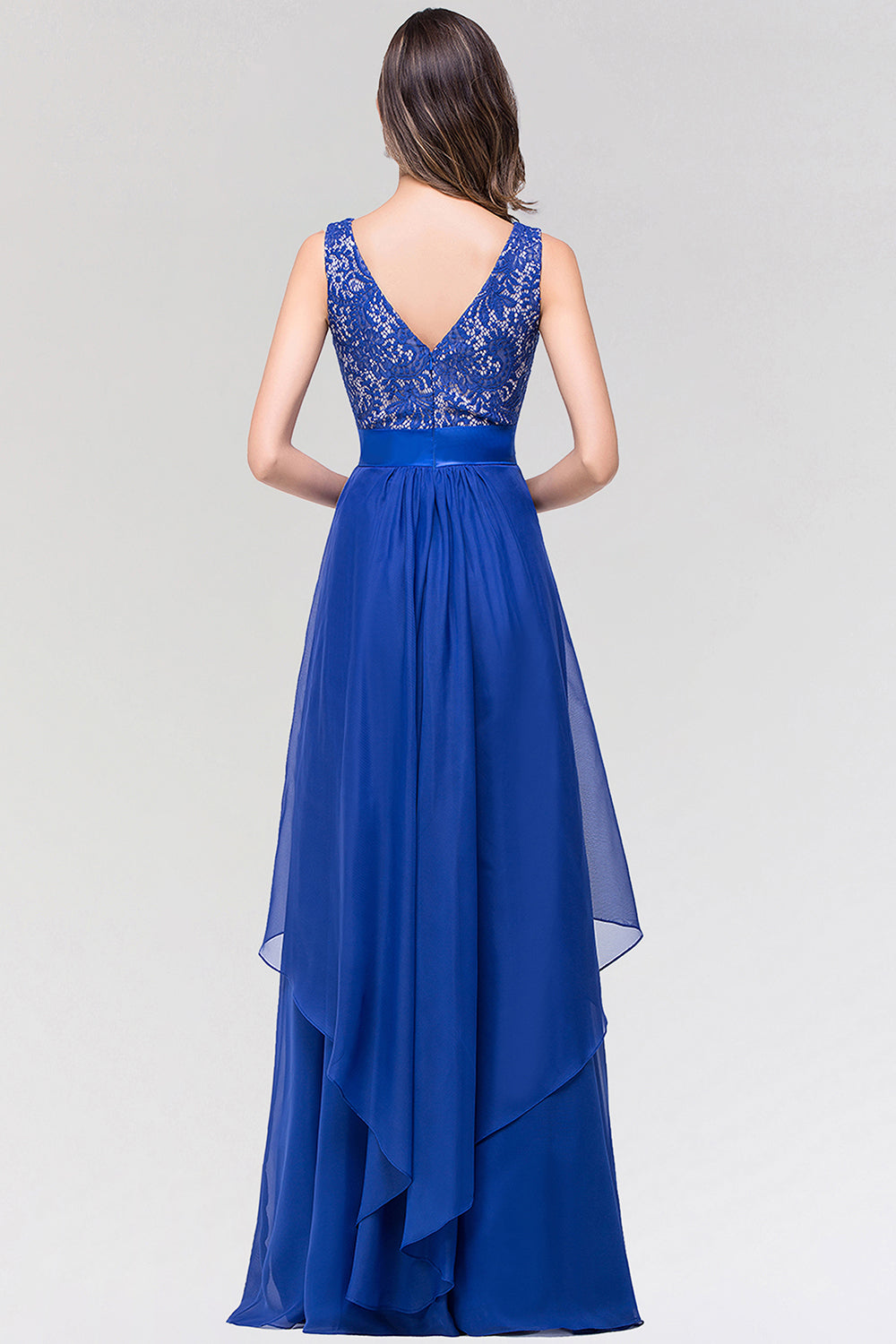 Elegant Lace Jewel Long Chiffon Bridesmaid Dresses with Asymmetric Hemline - Fashionpara