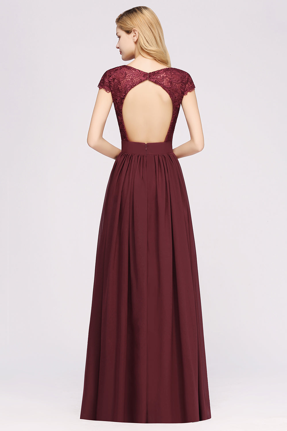 Elegant Lace Open-Back Long Burgundy Bridesmaid dresses - Fashionpara