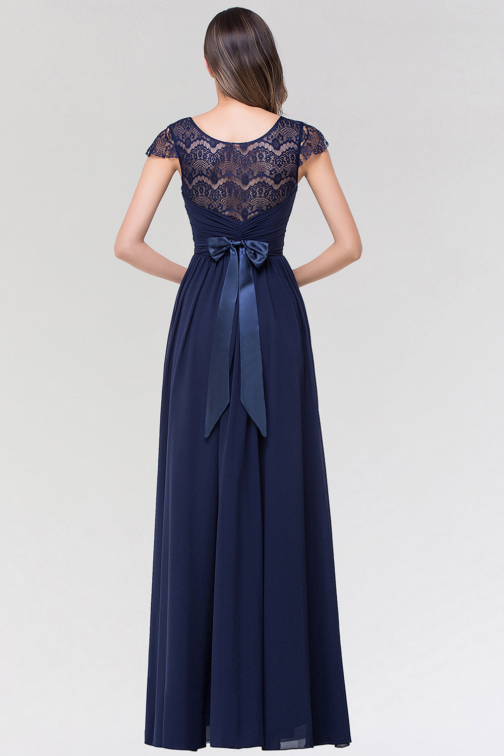 Elegant Lace Scoop Sleeveless Navy Bridesmaid Dresses with Buttons - Fashionpara