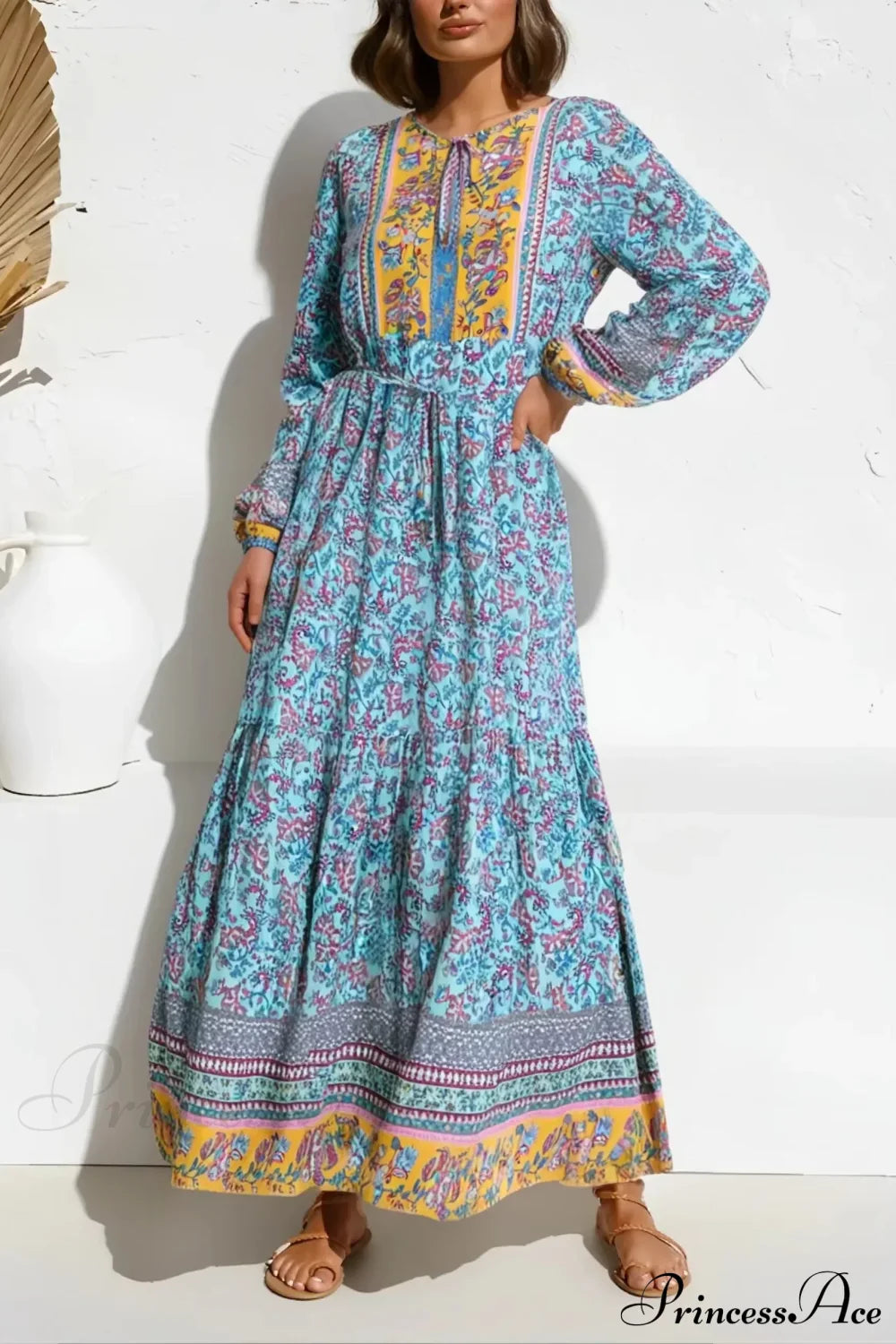 Elegant Lace-up Floral Print Boho Dress Blue / S bohodress-250126