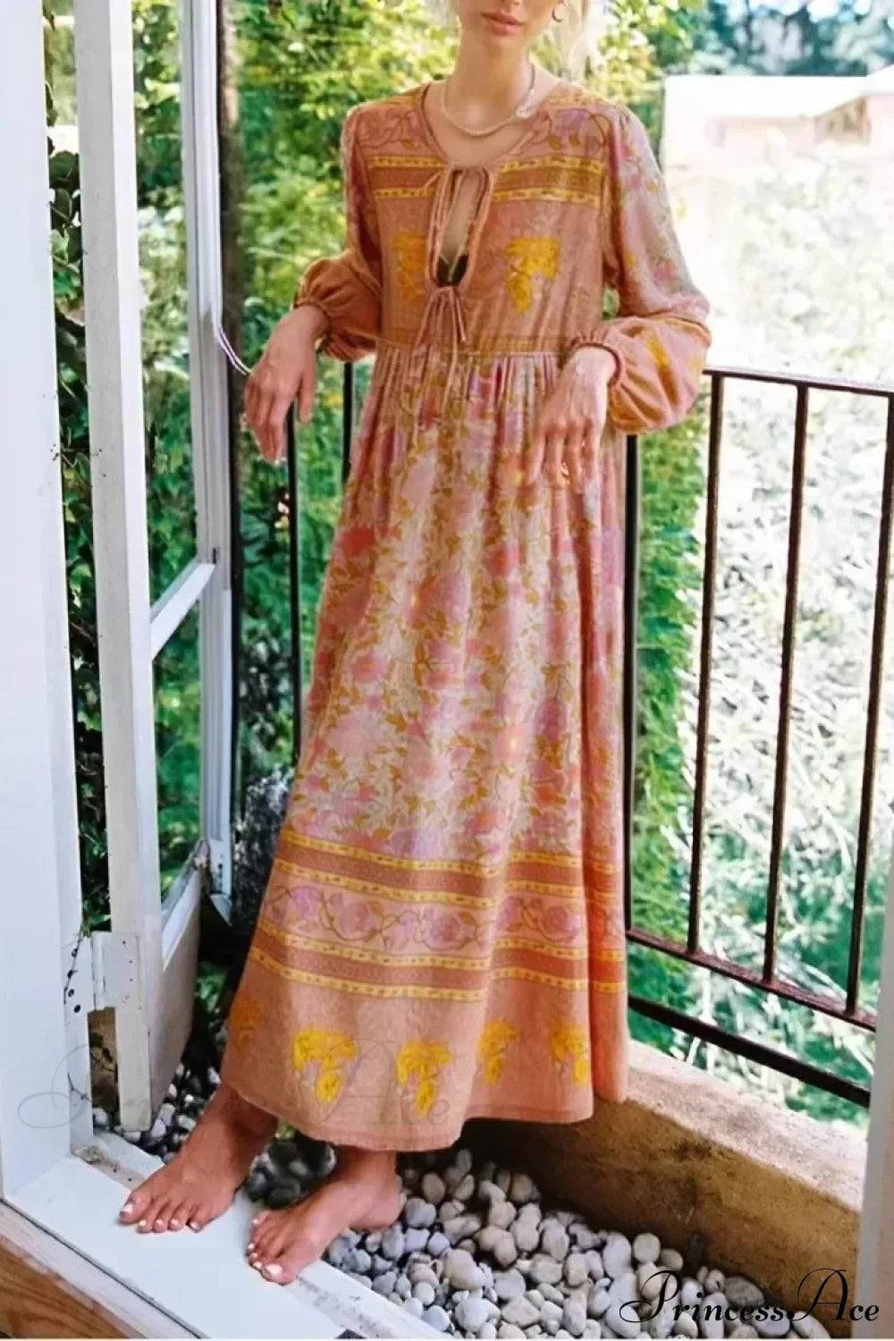 Elegant Lace-up Tassel Floral Print Rayon Bohemian Maxi Kaftan Dress orange / S bohodress-250126