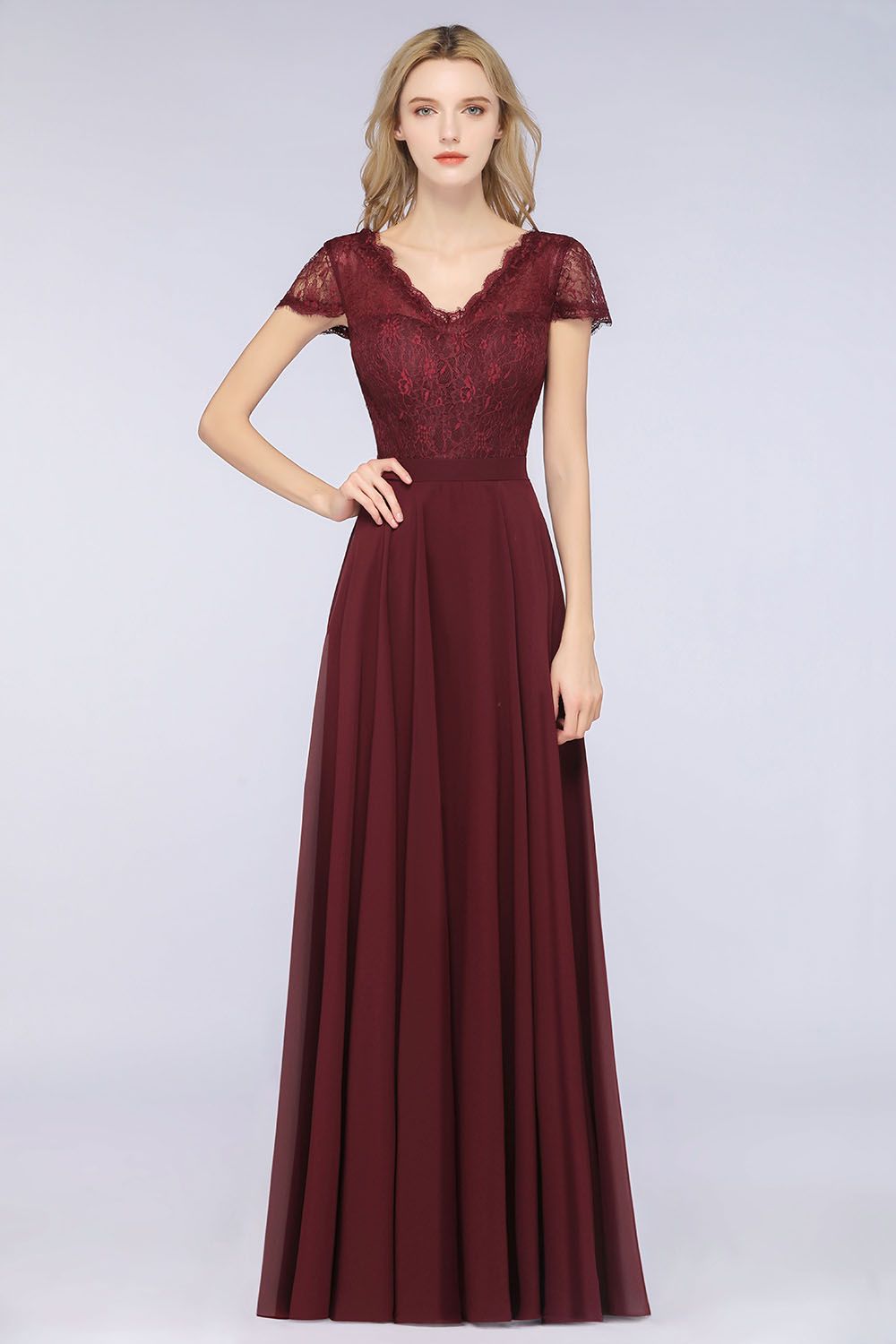 Elegant Lace V-Neck Burgundy Bridesmaid Dresses with Cap Sleeves - Fashionpara