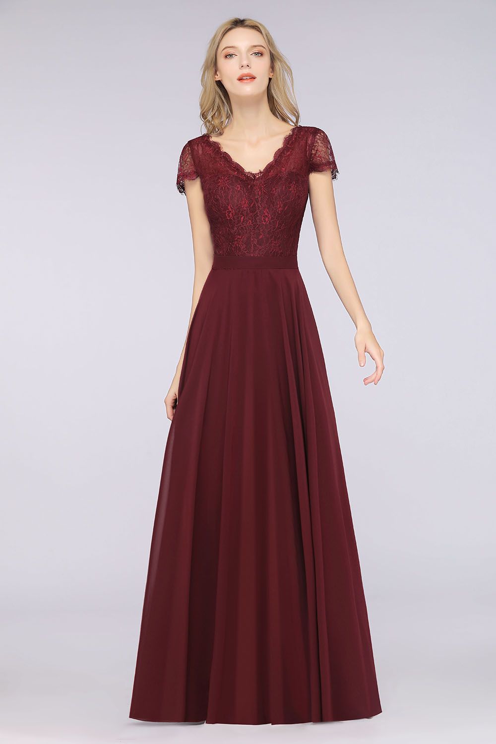 Elegant Lace V-Neck Burgundy Bridesmaid Dresses with Cap Sleeves - Fashionpara