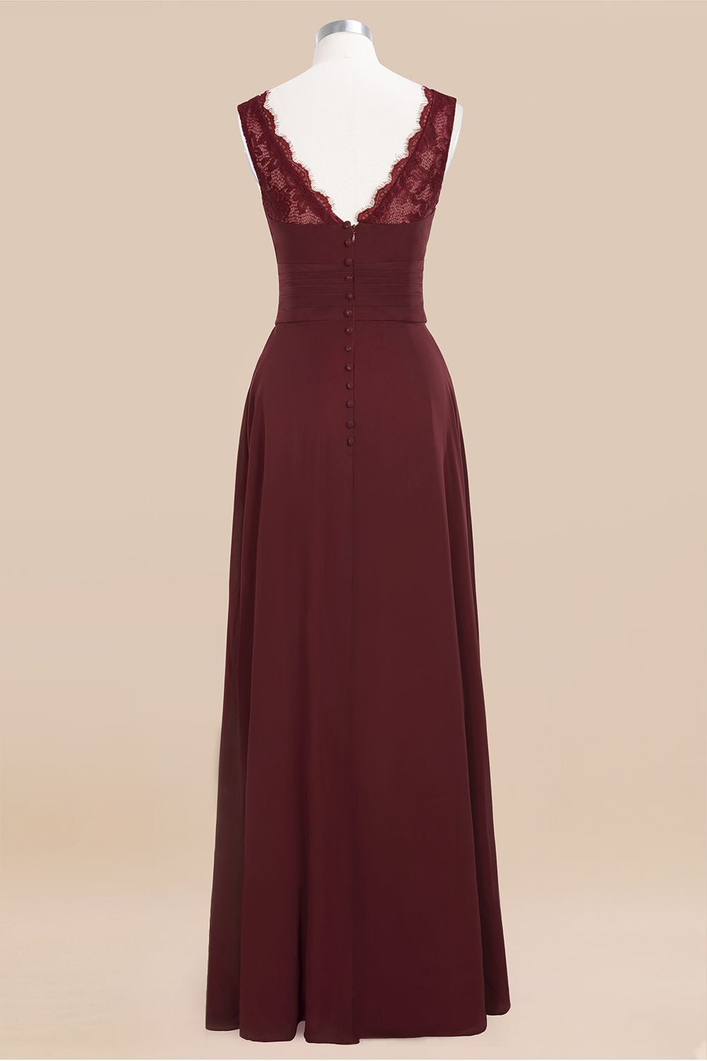 Elegant Lace V-Neck Burgundy Chiffon Bridesmaid dresses with Ruffle - Fashionpara