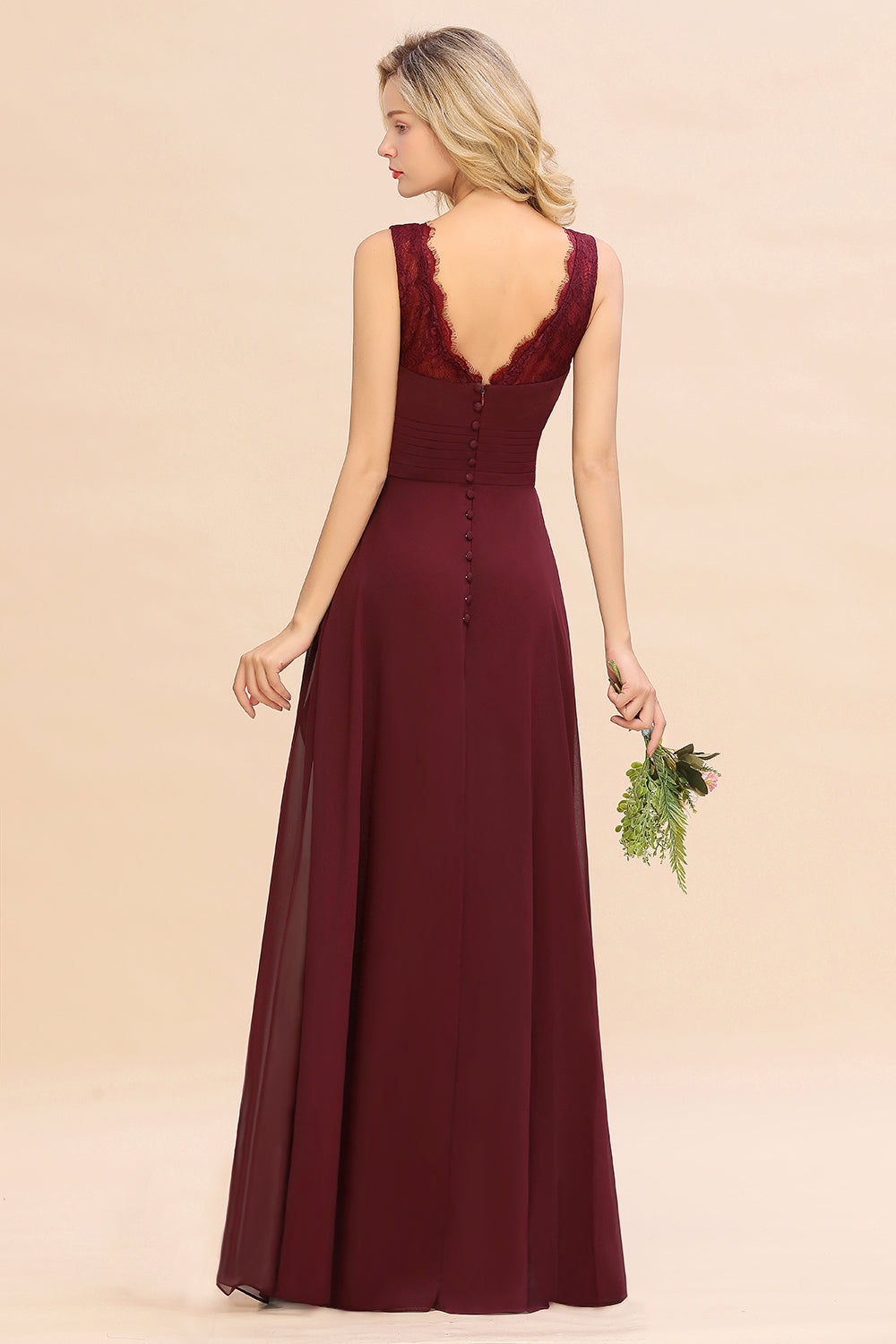 Elegant Lace V-Neck Burgundy Chiffon Bridesmaid dresses with Ruffle - Fashionpara
