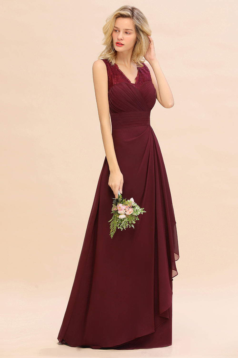 Elegant Lace V-Neck Burgundy Chiffon Bridesmaid dresses with Ruffle - Fashionpara