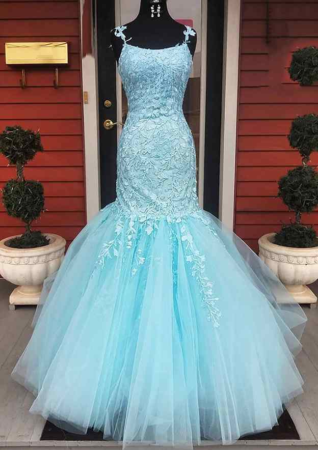 Elegant Laced Prom Dress/Evening Dress with Square Neckline and Spaghetti Straps - Trumpet/Mermaid Long/Floor-Length - Fashionpara