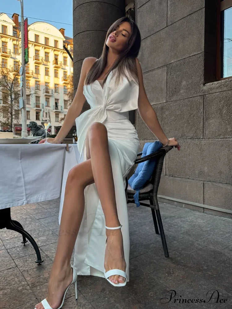 Elegant Large Bow Tie Sling High Slit Chic Off Christmas Party Dress