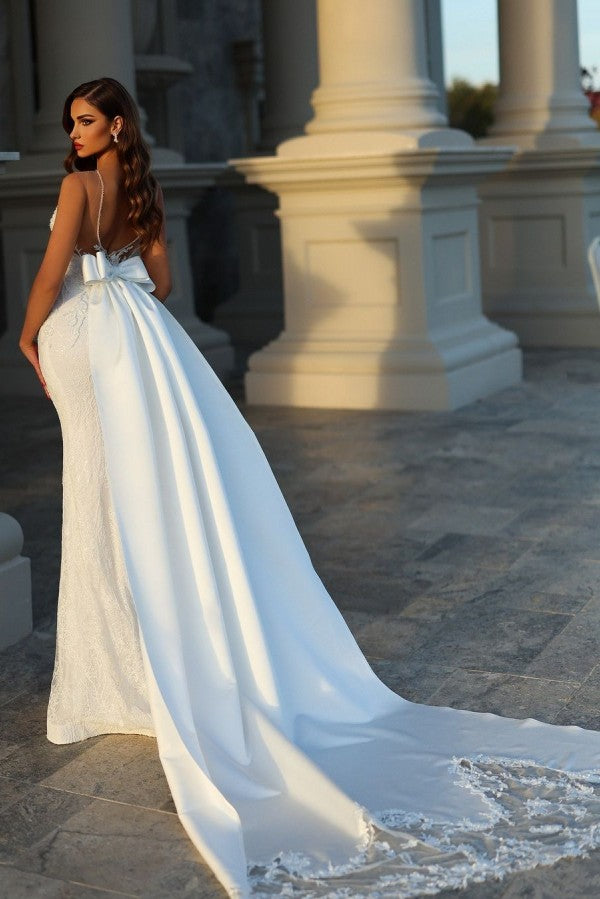 Elegant Long Mermaid Sleeveless Wedding Dress with Lace - Fashionpara