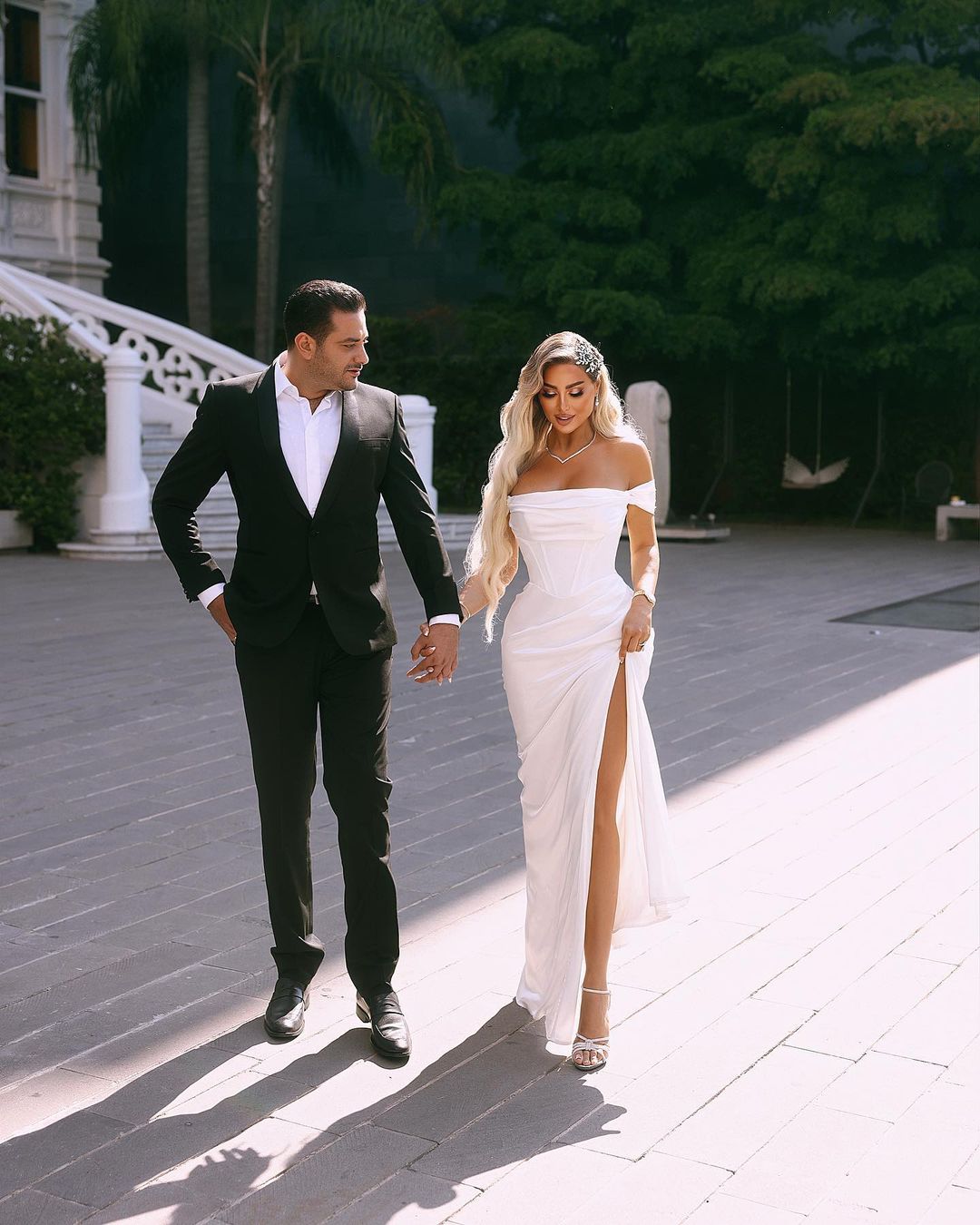 Elegant Long Off-the-shoulder Satin Wedding Dress with High Slit Design - Fashionpara