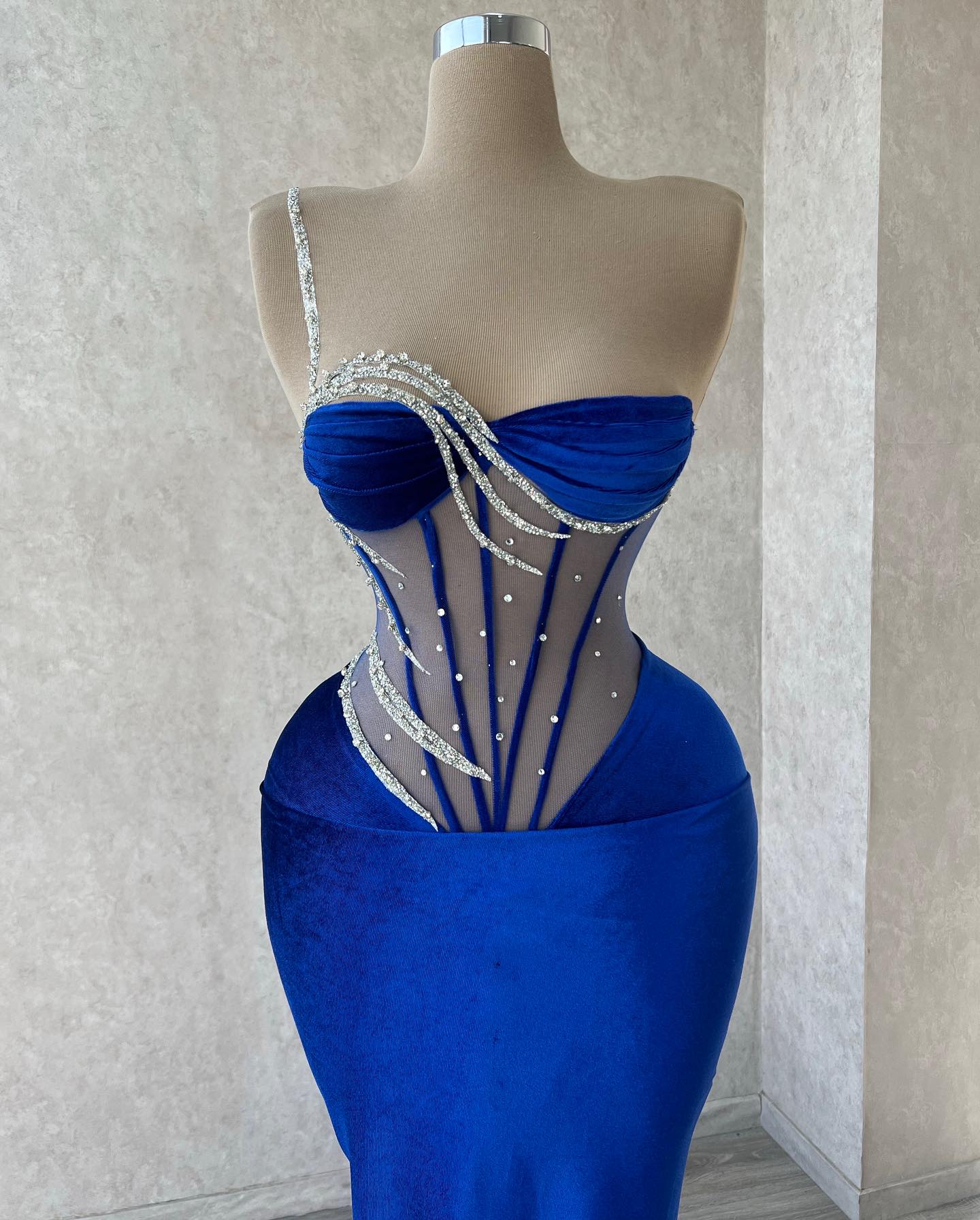 Royal Blue Floor-Length One Shoulder Mermaid Sequined Beading Prom Dress With Lace - Fashionpara
