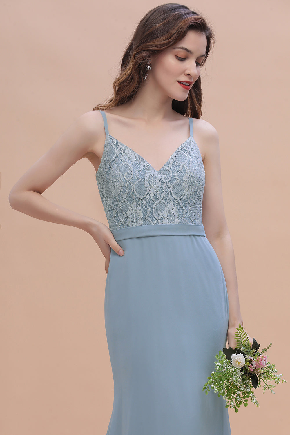 Elegant Mermaid Chiffon Lace Dusty Blue Bridesmaid Dresses with Spaghetti Straps On Sale - Fashionpara