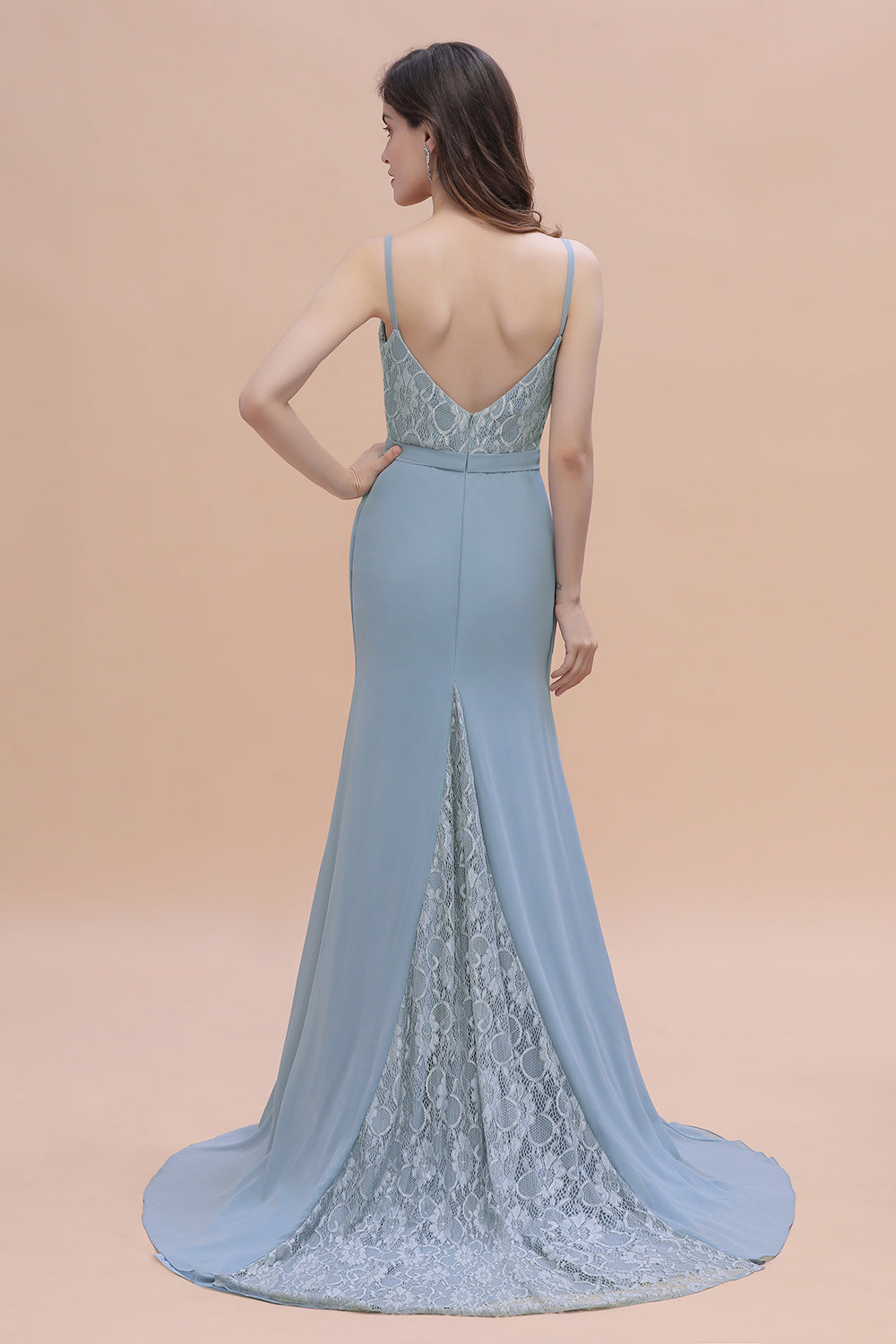 Elegant Mermaid Chiffon Lace Dusty Blue Bridesmaid Dresses with Spaghetti Straps On Sale - Fashionpara