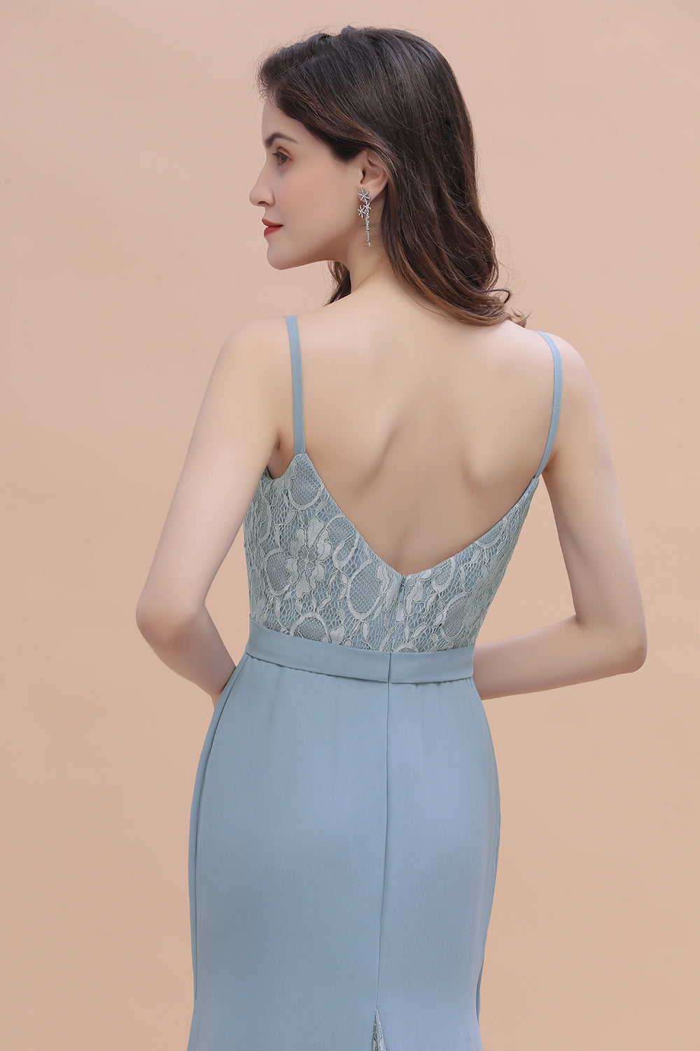 Elegant Mermaid Chiffon Lace Dusty Blue Bridesmaid Dresses with Spaghetti Straps On Sale - Fashionpara