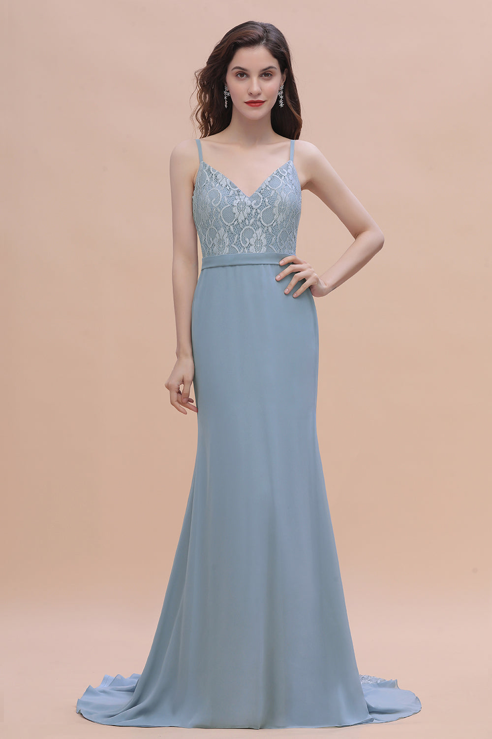 Elegant Mermaid Chiffon Lace Dusty Blue Bridesmaid Dresses with Spaghetti Straps On Sale - Fashionpara