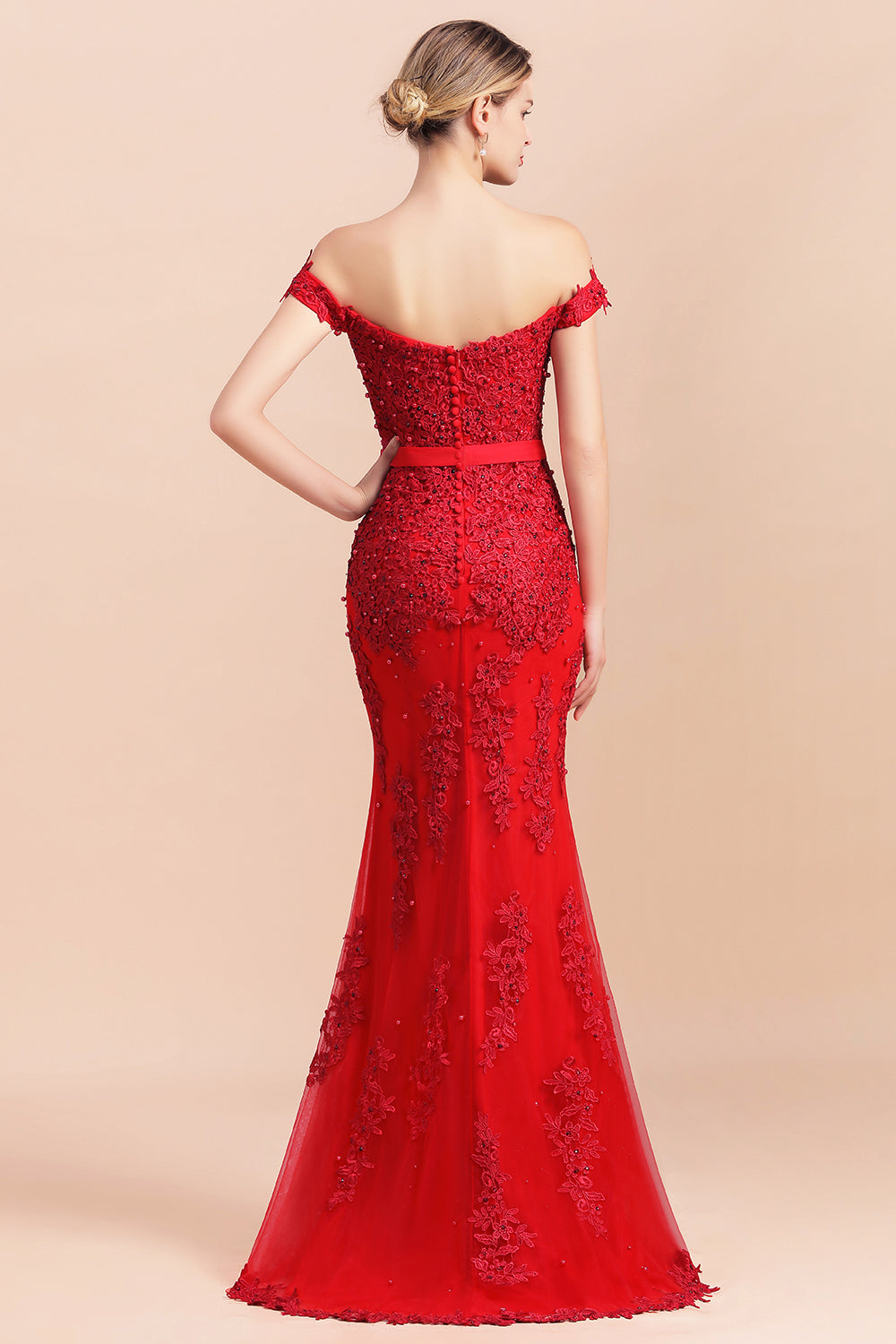 Elegant Mermaid Off the Shoulder Red Lace Appliques Bridesmaid dresses - Fashionpara