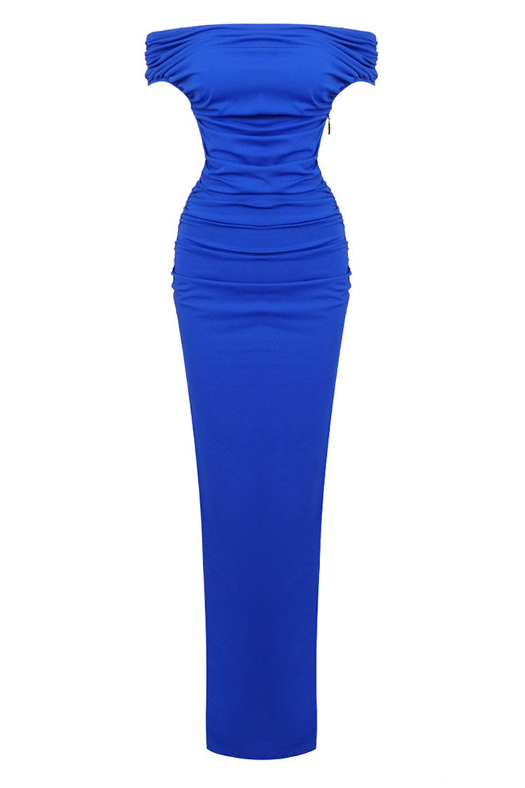 Elegant Off Shoulder Ruched Size Zip Split Evening Maxi Dress - Royal Blue  Fashionpara