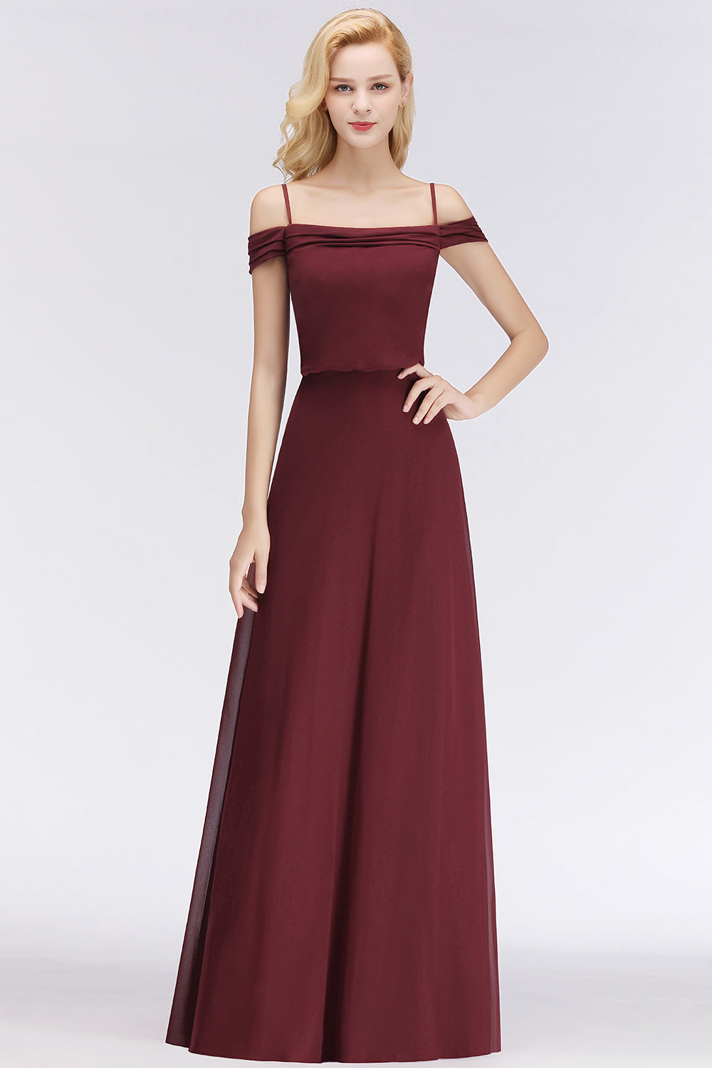 Elegant Off-the-Shoulder Burgundy Bridesmaid Dresses Spaghetti-Straps Affordable Maid of Honor Dress - Fashionpara