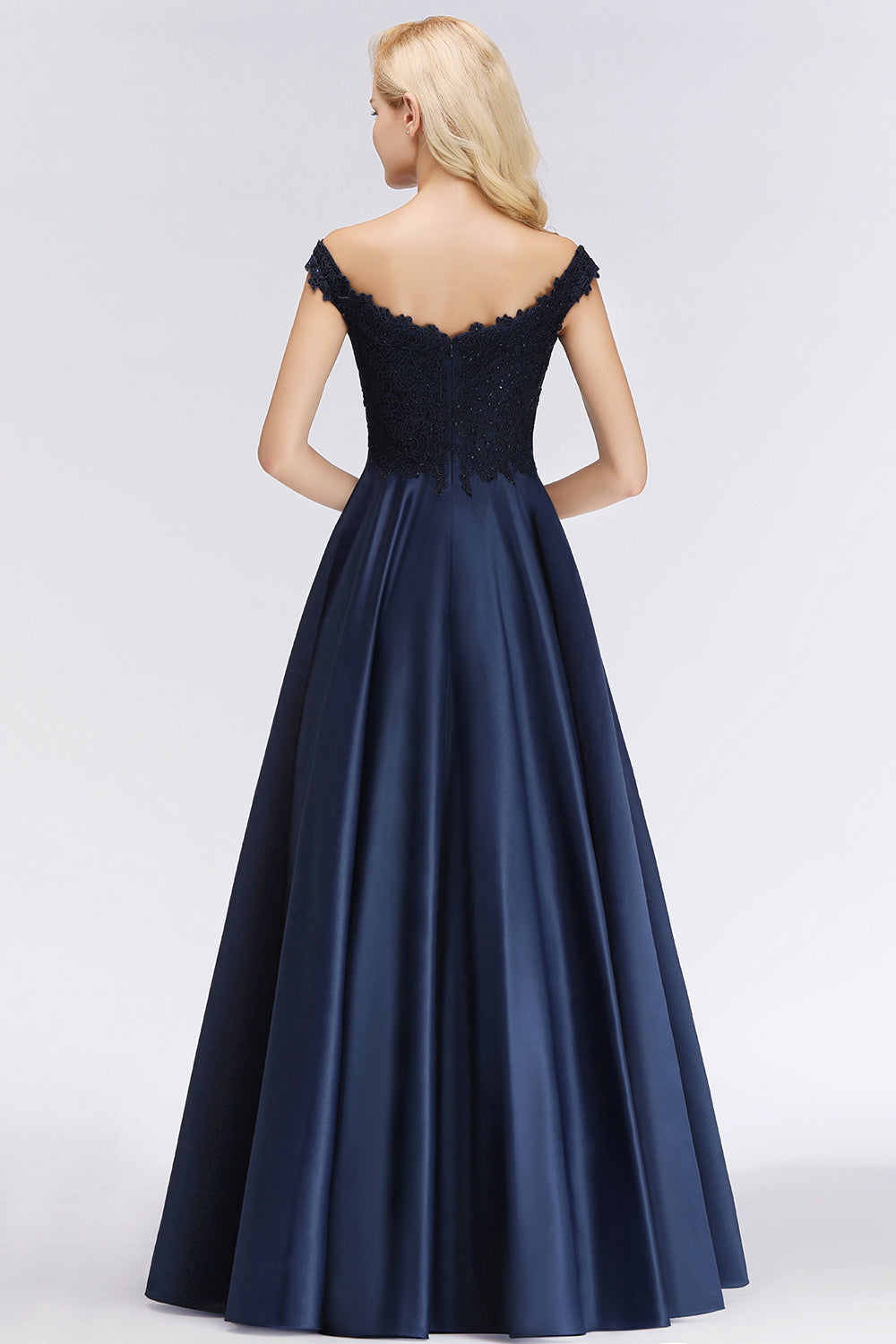 Elegant Off-the-Shoulder Ruffle Navy Lace Bridesmaid dresses with Beads - Fashionpara
