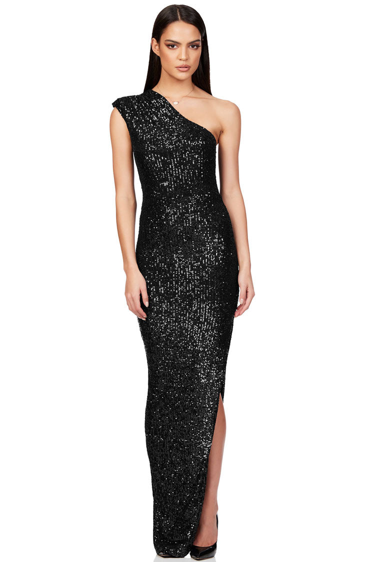 Elegant Padded One Shoulder Split Sequin Evening Maxi Dress - Black  Fashionpara