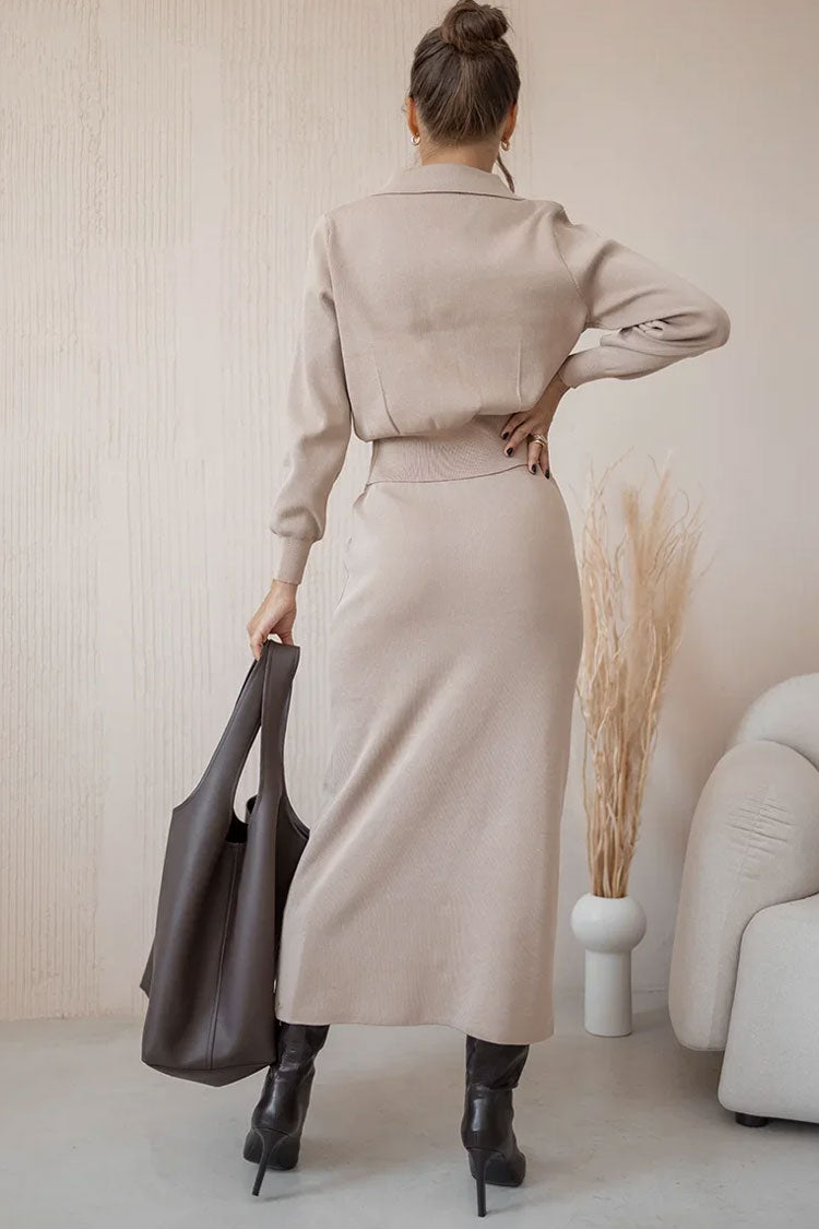Rosedress Elegant Khaki Two Piece Midi Dress with Cardigan