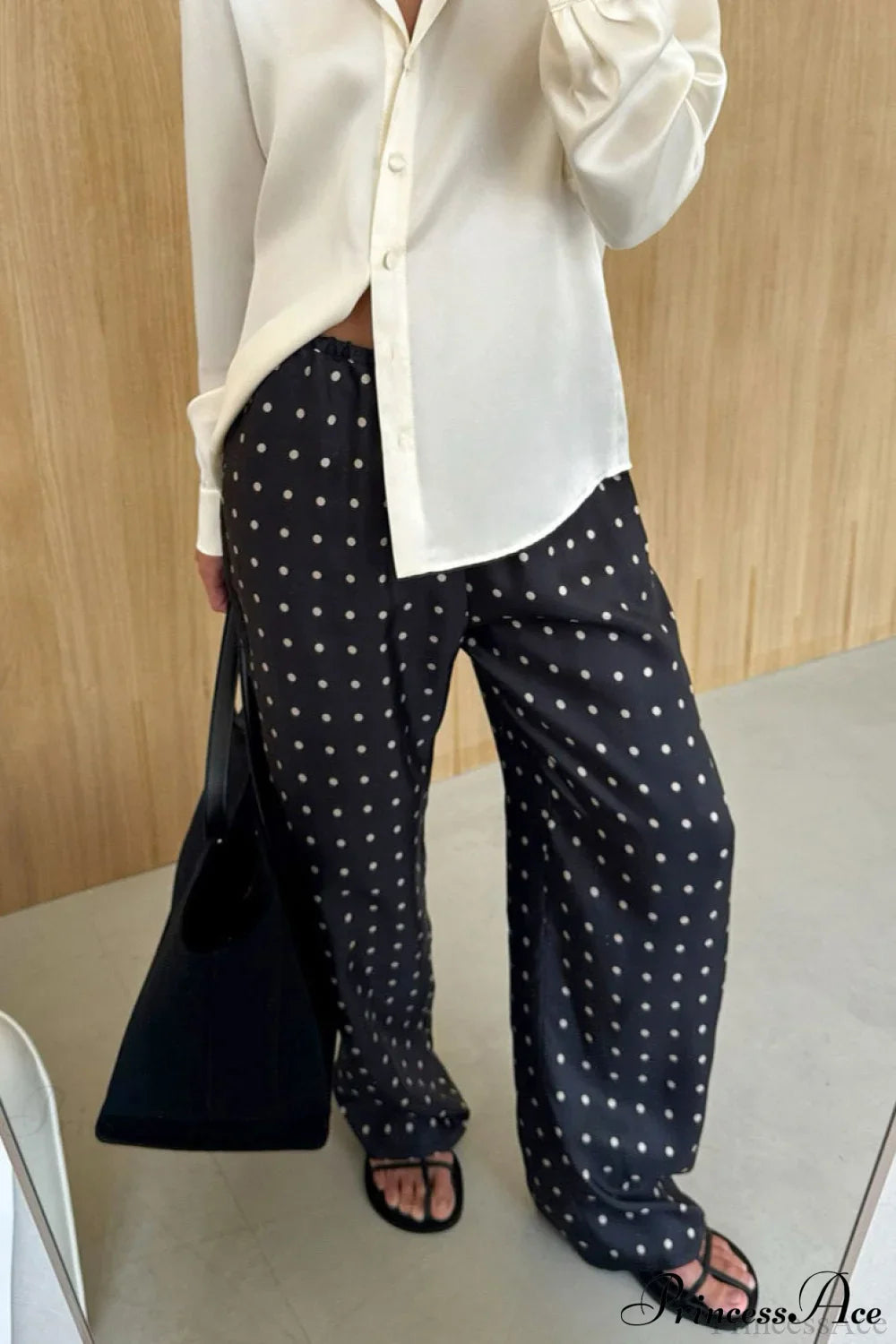 Elegant Polka Dot Straight Leg Pants Black / S