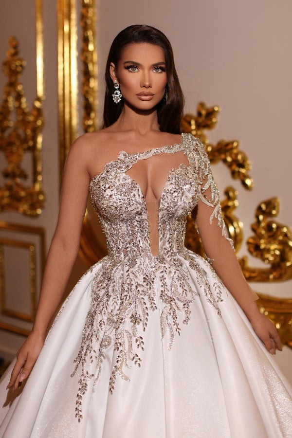 Elegant Princess Long A-Line V-Neck One-Shoulder Satin Wedding Dress - Fashionpara