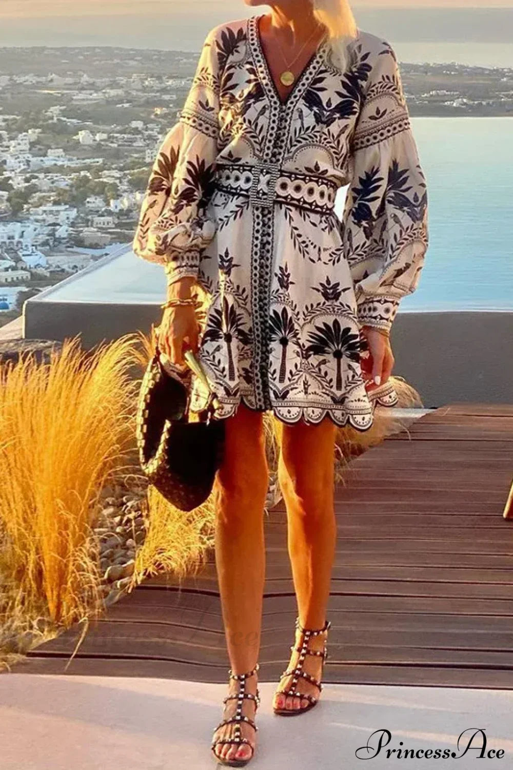 Elegant Print V-neck A-line Boho Dress