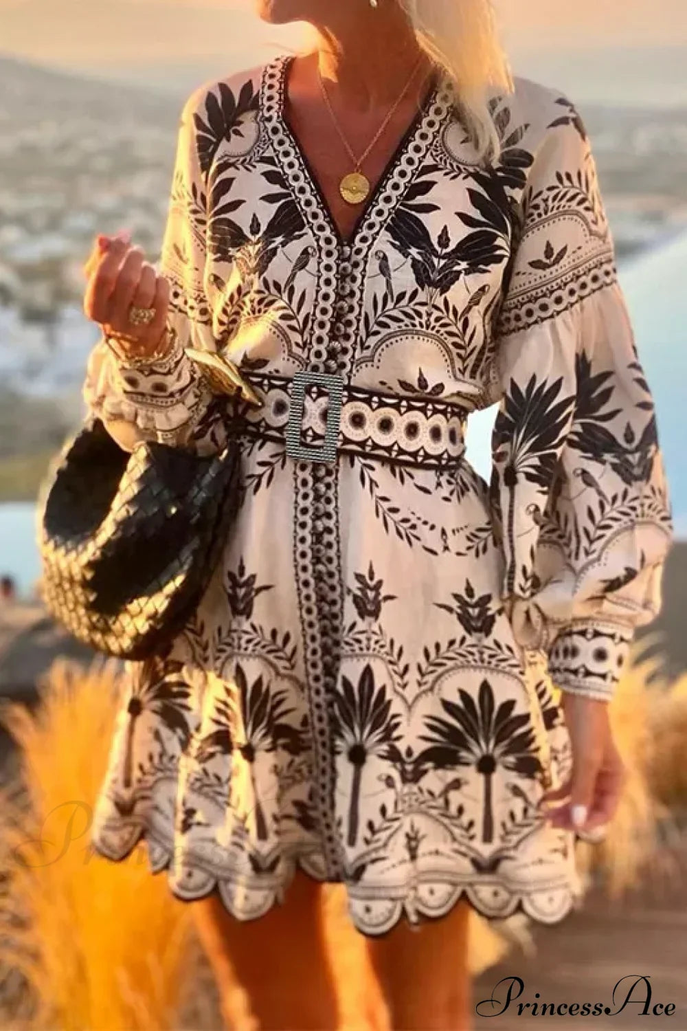 Elegant Print V-neck A-line Boho Dress