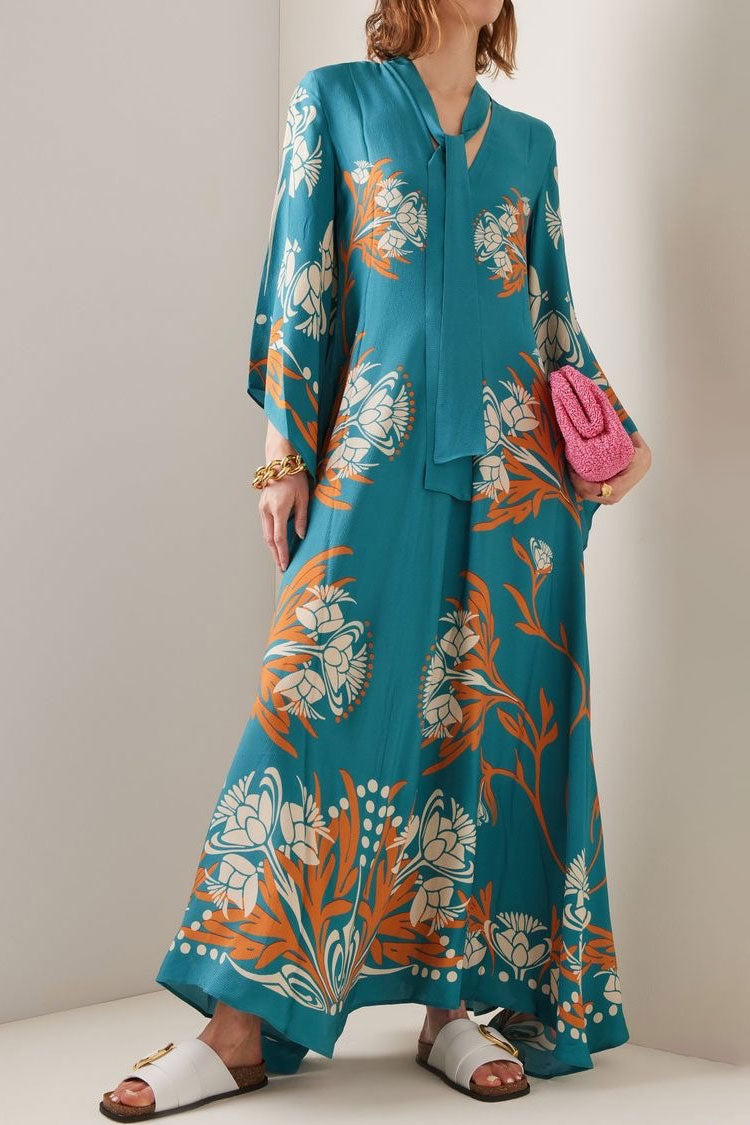Elegant Printed Tie Neck 3/4 Sleeve Summer Vacation Maxi Kaftan Dress