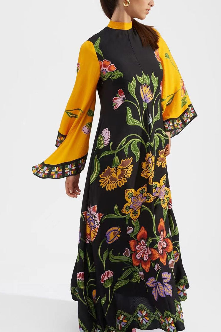 Elegant Printed Tie Neck 3/4 Sleeve Summer Vacation Maxi Kaftan Dress