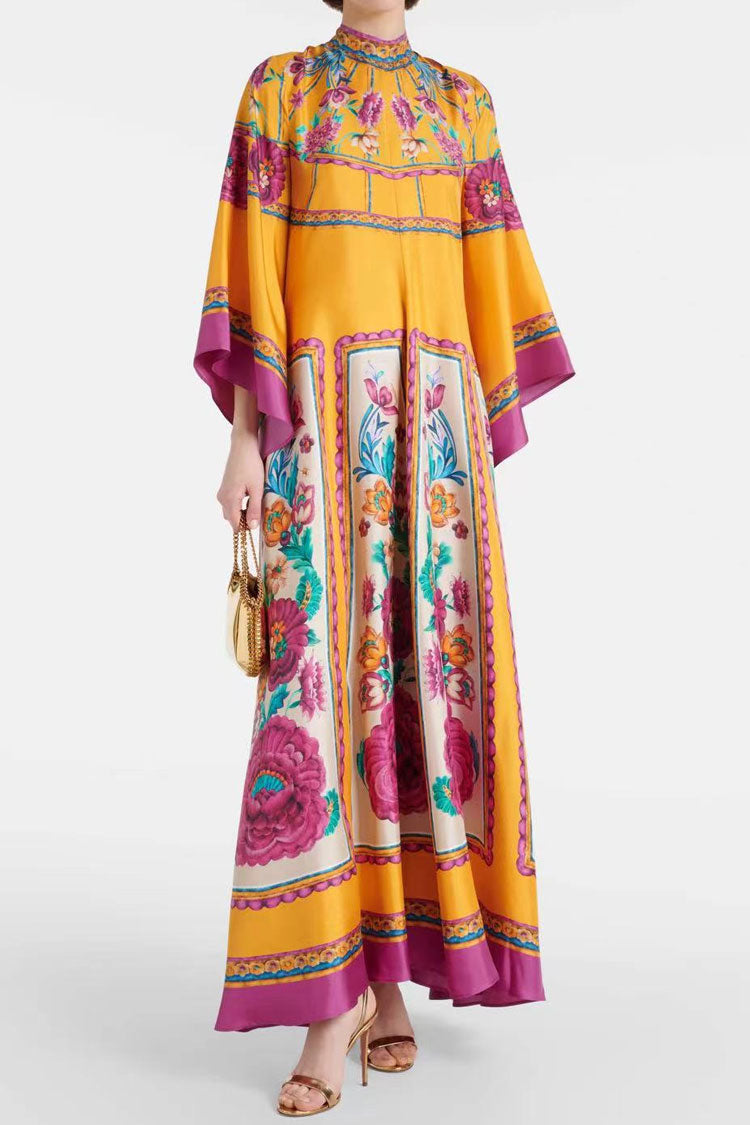 Elegant Printed Tie Neck 3/4 Sleeve Summer Vacation Maxi Kaftan Dress