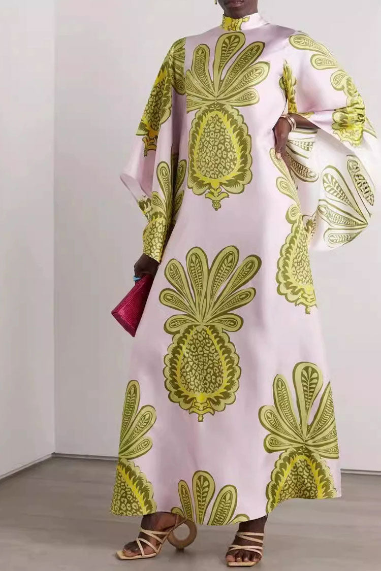 Elegant Printed Tie Neck 3/4 Sleeve Summer Vacation Maxi Kaftan Dress