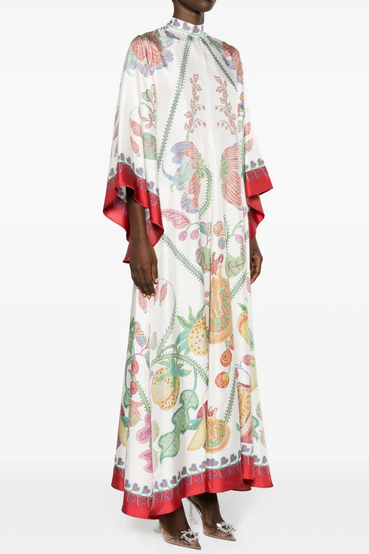 Elegant Printed Tie Neck 3/4 Sleeve Summer Vacation Maxi Kaftan Dress