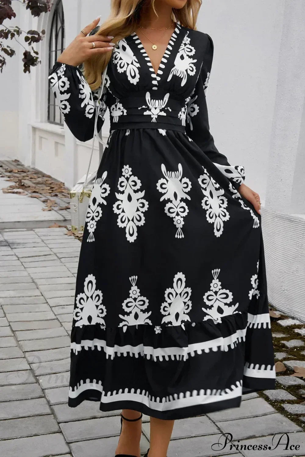 Elegant Printed V-neck A-line Boho Dress