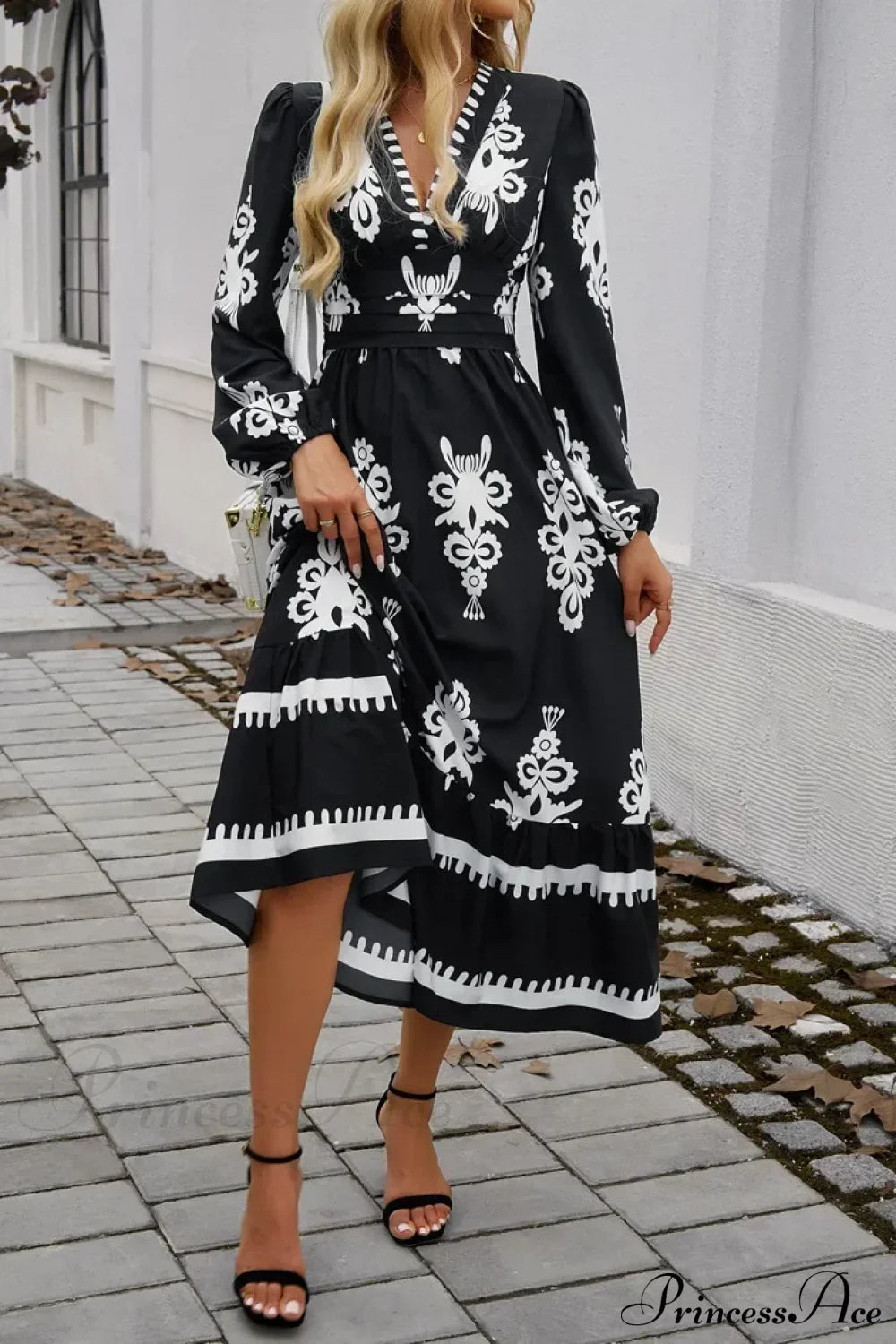 Elegant Printed V-neck A-line Boho Dress
