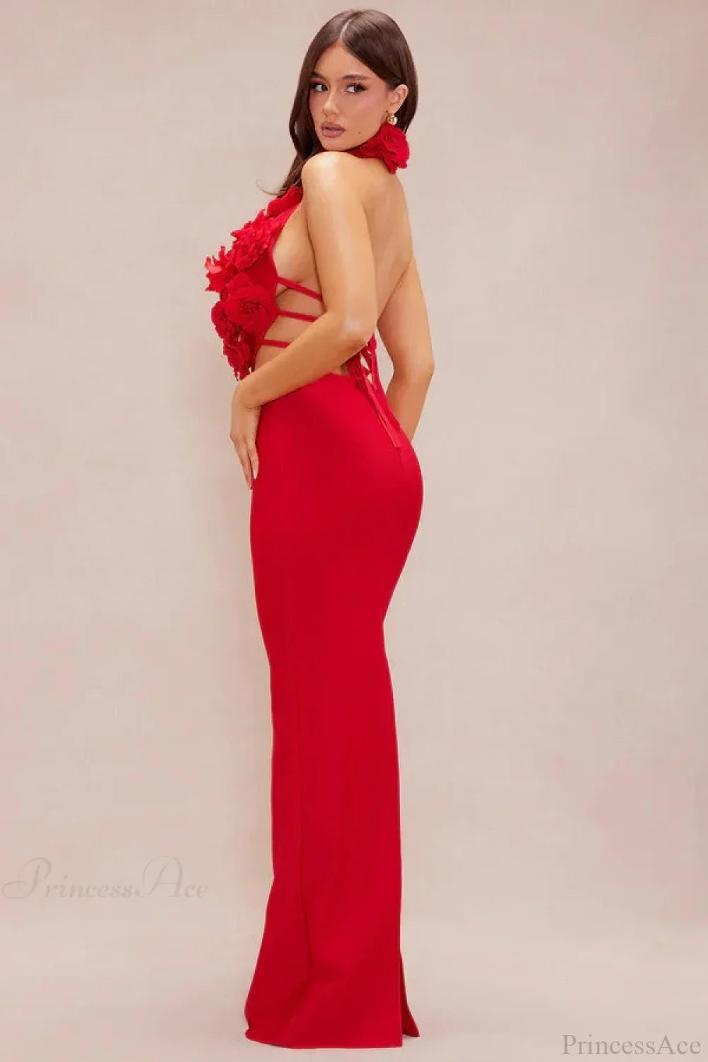 Floral Appliqué Halter Neck Mermaid Gown