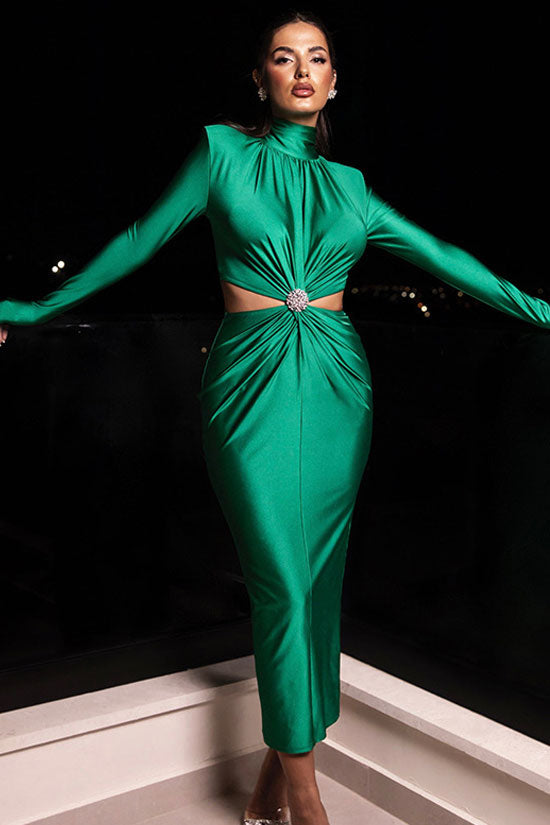 Rhinestone Twist Cutout Waist Cocktail Midi Dress - Green