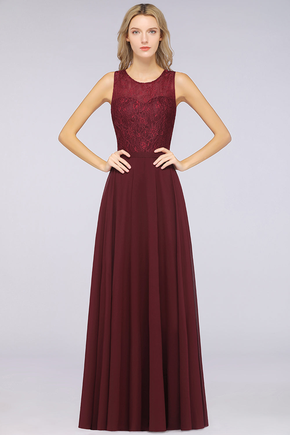 Elegant Roud Neckline Sleeveless Burgundy Lace Bridesmaid Dresses - Fashionpara