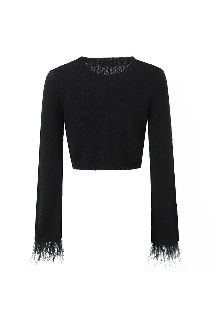 Rosedress Elegant Feather Trim Long Sleeve Knit Cardigan