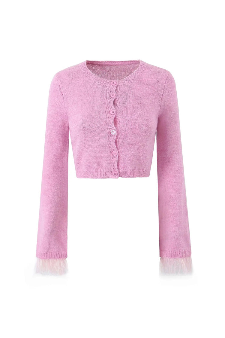 Rosedress Elegant Feather Trim Long Sleeve Knit Cardigan