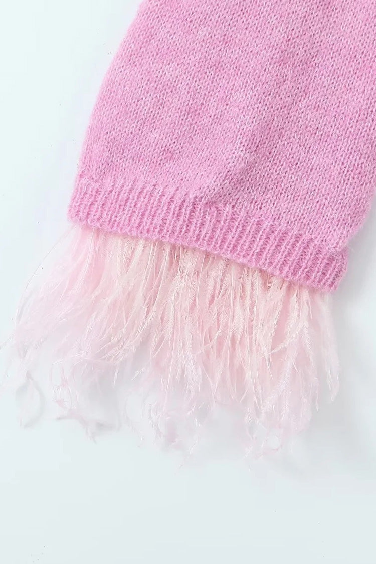 Rosedress Elegant Feather Trim Long Sleeve Knit Cardigan