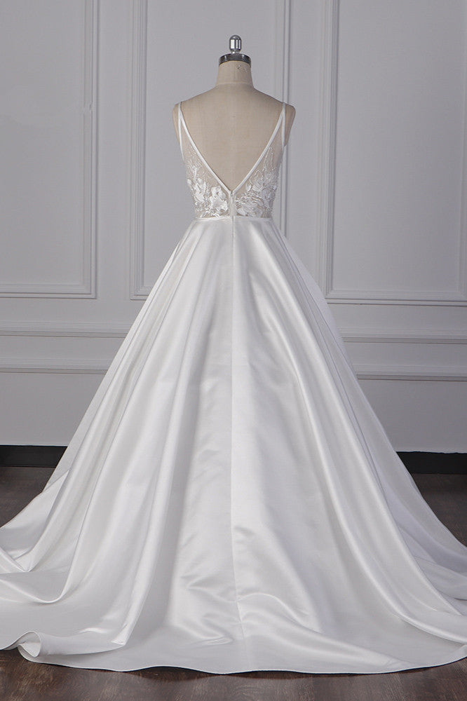 Elegant Satin V-Neck Wedding Dress Lace Appliques Sleeveless Bridal Gowns On Sale - Fashionpara
