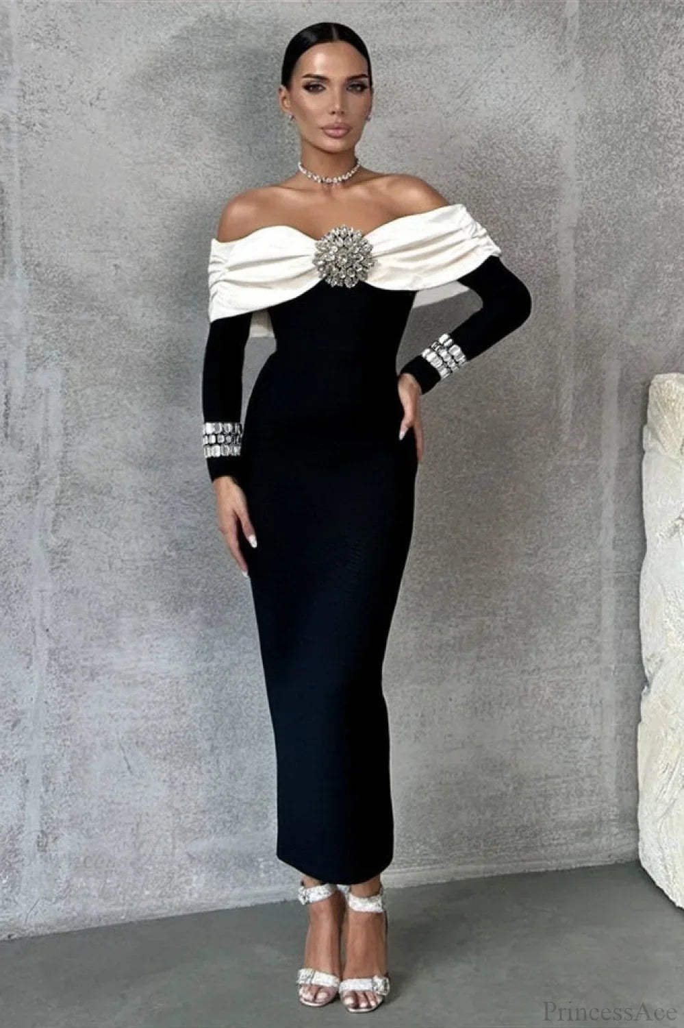 Off Shoulder Long Sleeve Embellished Bodycon Maxi Dress