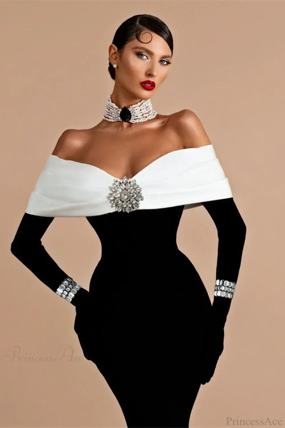 Off Shoulder Long Sleeve Embellished Bodycon Maxi Dress