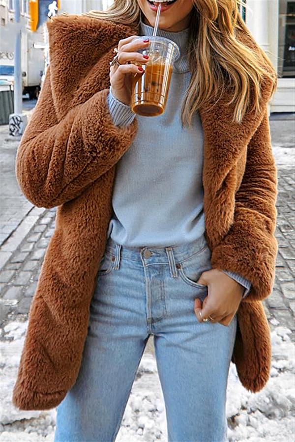 Elegant Brown Shaggy Faux Fur Teddy Coat for Cozy Style