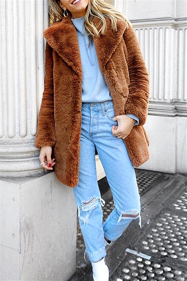 Elegant Brown Shaggy Faux Fur Teddy Coat for Cozy Style