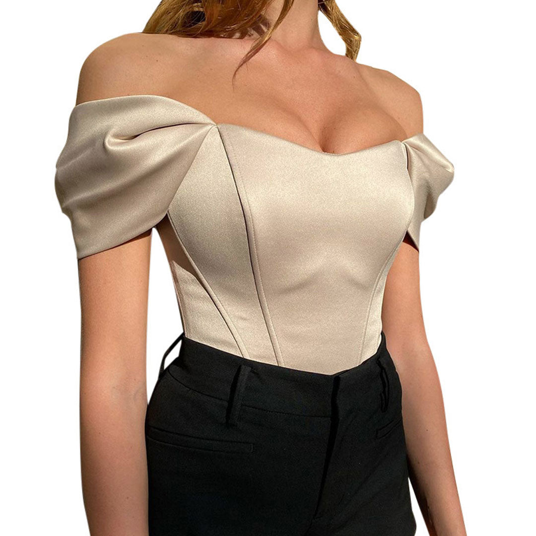 Elegant Solid Off The Shoulder Ruched Short Sleeve Satin Crop Top