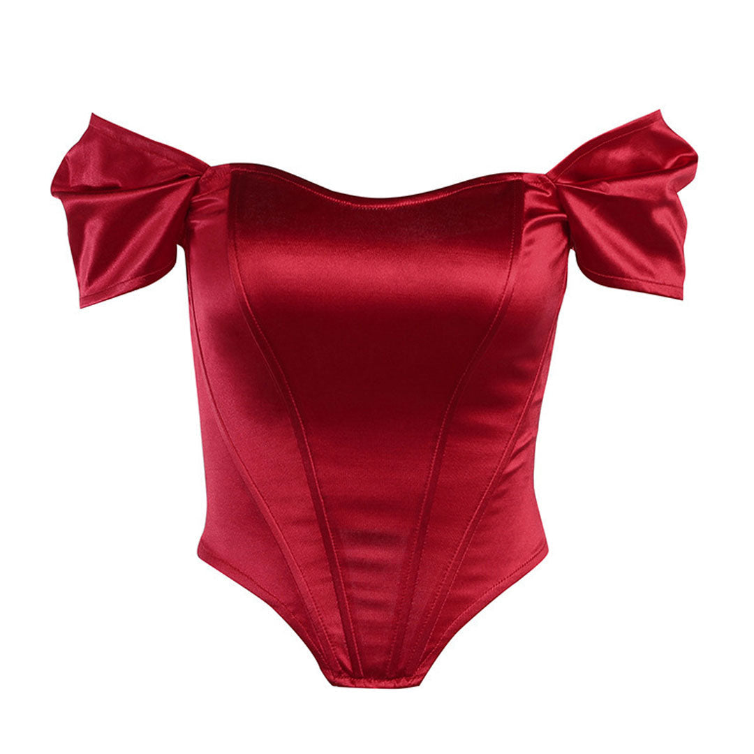 Elegant Solid Off The Shoulder Ruched Short Sleeve Satin Crop Top