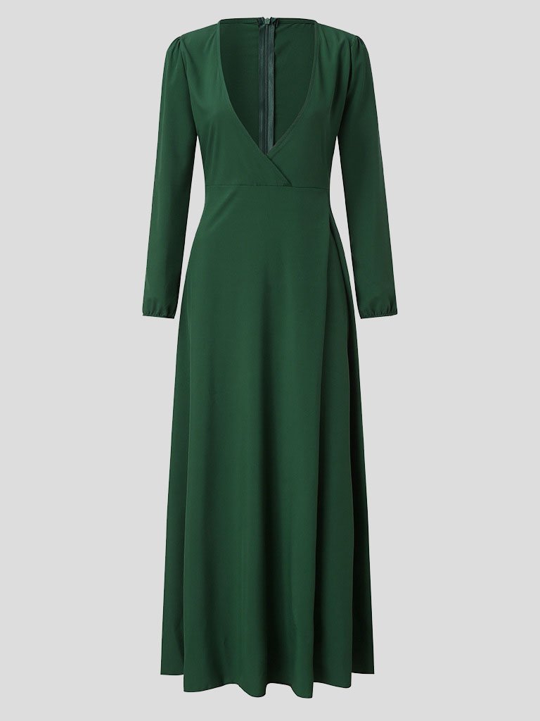 V-Neck Long Sleeve Wrap Tie-Waist Maxi Gown